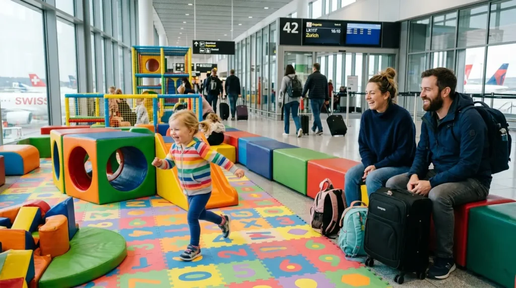 A young girl joyfully runs in a colorful airport play area with foam blocks. Her parents, smiling, sit nearby with luggage. Travelers pass by gate signs in the background.