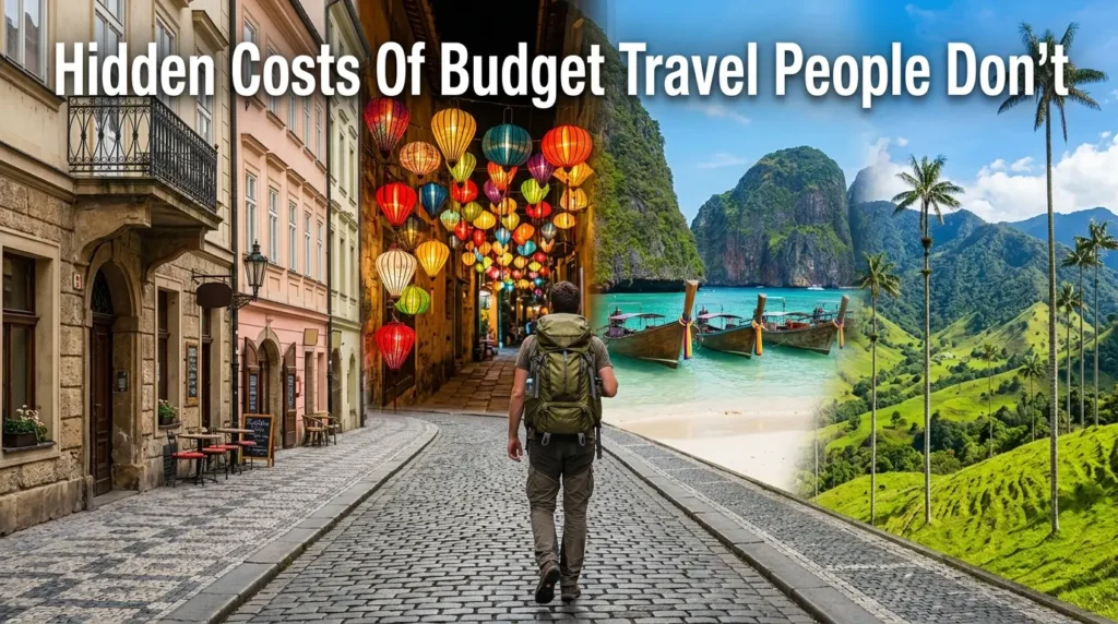A traveler with a backpack walks down a European street filled with colorful lanterns; tropical beaches and lush landscapes appear ahead. Text overlay reads, "Hidden Costs Of Budget Travel People Don’t."