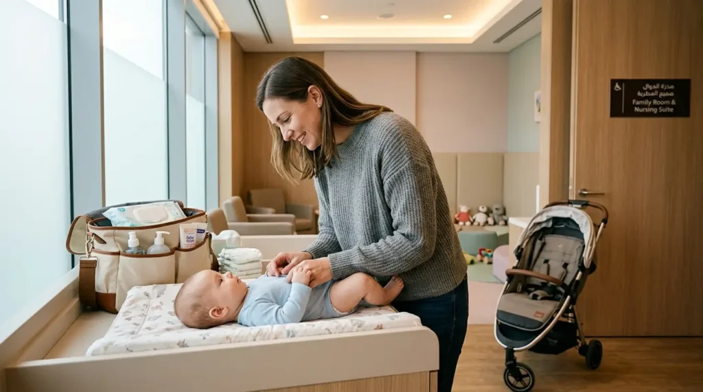 A mother changing her baby’s diaper in a clean family nursing room with a diaper bag, stroller, and baby care supplies nearby.