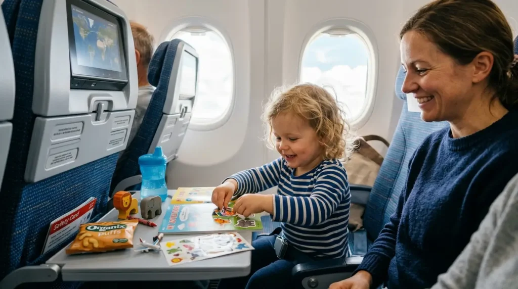 A child and a woman smile while playing with toys on an airplane. The child wears a striped shirt, and snacks are on the tray. The atmosphere is cheerful.