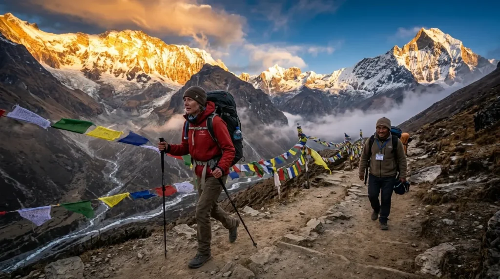 Two hikers trek on a mountain path lined with colorful prayer flags, under a vibrant sunset illuminating snow-capped peaks. The scene is majestic and serene.
