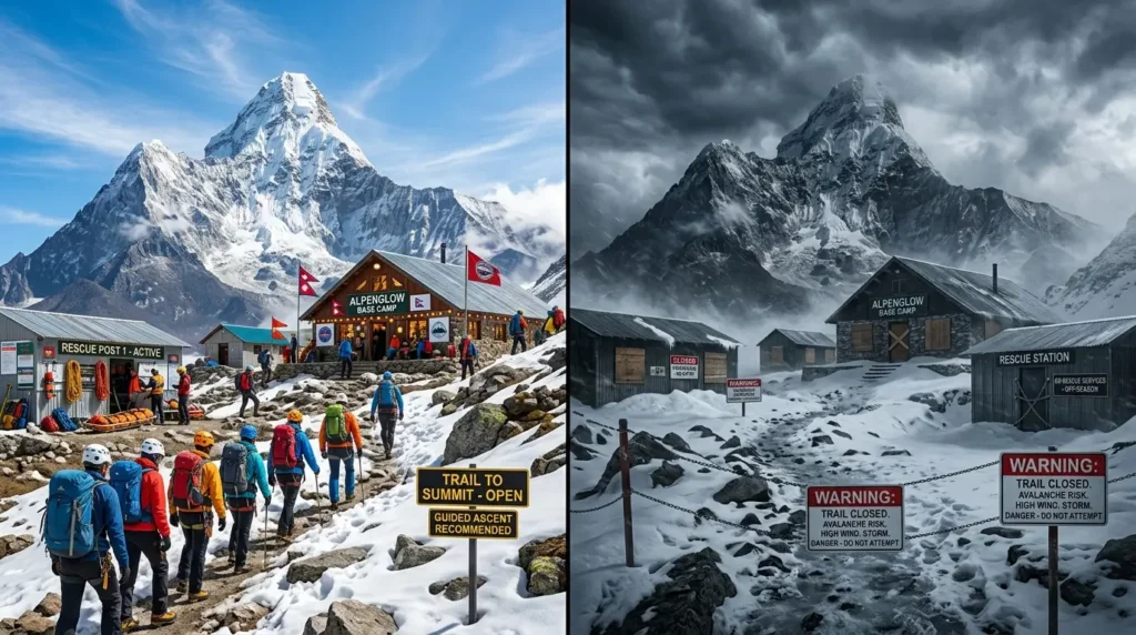 On the left, hikers ascend a sunny, open trail with active rescue services near a snow-capped mountain. On the right, the same trail is snowy, deserted, with ominous clouds and closed signs, highlighting contrasting conditions.