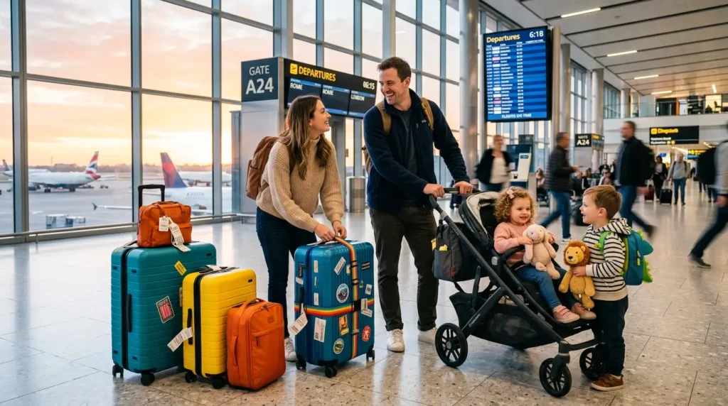 A happy family traveling through an airport terminal with colorful luggage, a stroller, and young children holding stuffed toys near the departure gates.