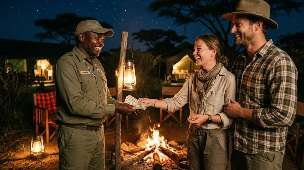 A smiling couple hands money to a cheerful safari guide beside a campfire under a starry sky. Tents and lanterns create a serene, adventurous atmosphere.