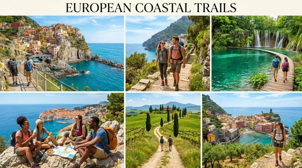 Alt text: "Collage of vibrant European coastal trails. Hikers explore scenic paths next to colorful villages, lush greenery, clear waterfalls, and vast sea views, conveying adventure and serenity."
