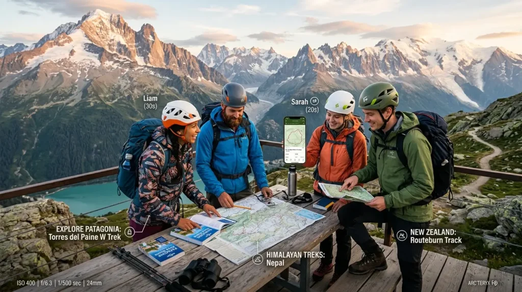Four hikers in colorful outdoor gear examine maps on a wooden table atop a mountain. Snow-capped peaks in the background under a soft, cloudy sky.