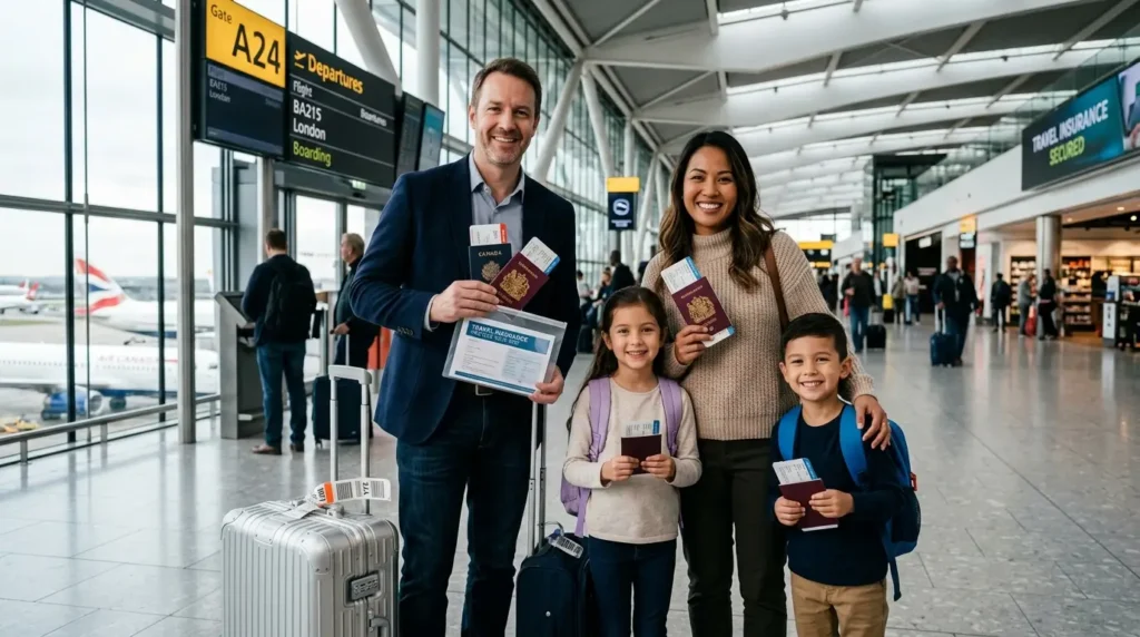 A happy family of four, including a man, woman, and two children, stands in an airport terminal holding passports and boarding passes, ready to board a flight.