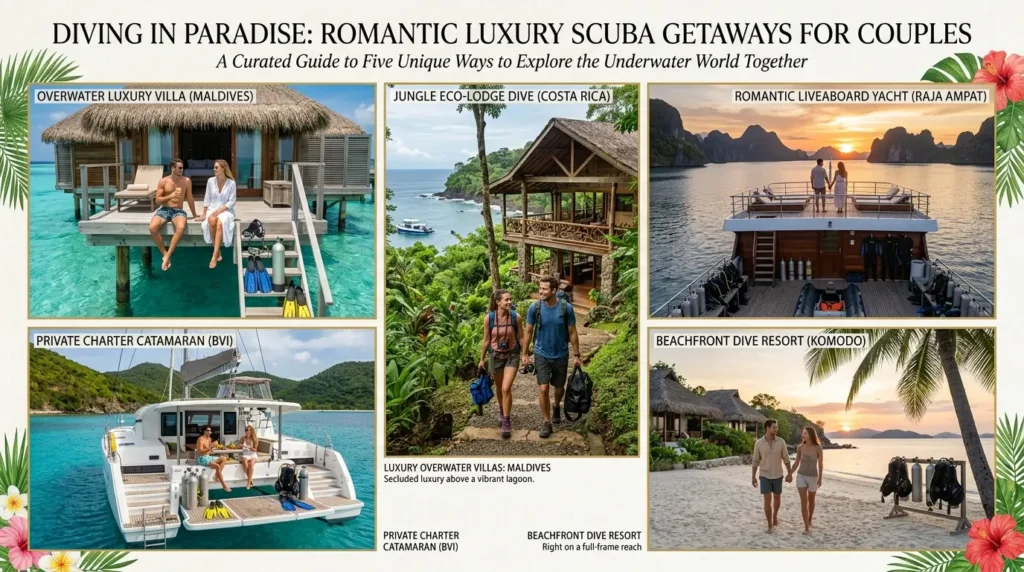 Diving destinations ad with five images: a Maldives overwater villa, Costa Rica eco-lodge, Raja Ampat yacht, BVI catamaran, and Komodo beachfront resort.