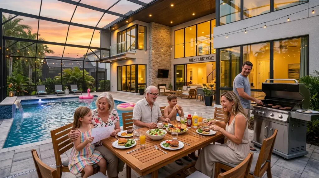 Family enjoys an outdoor meal by a pool at sunset. A man grills, while others sit at a table with colorful food. Modern house in the background.