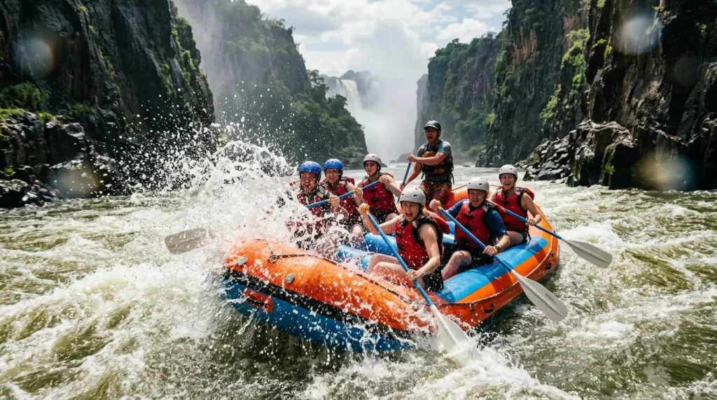 A group of people in helmets and life vests navigate a turbulent river in an orange and blue raft, surrounded by cliffs, with a distant waterfall. Excited expressions highlight the adventure.