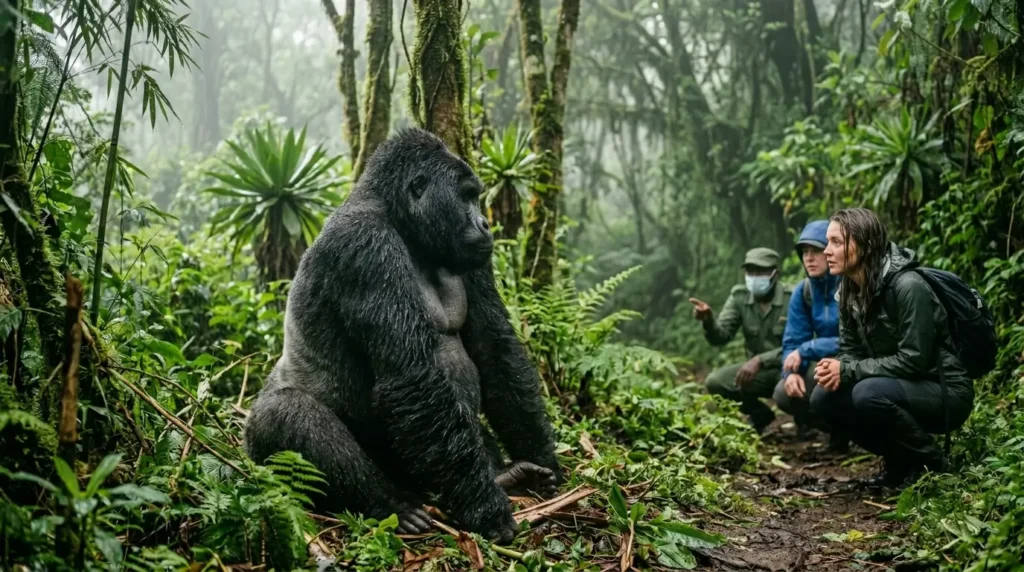 In a misty jungle, a large gorilla sits facing three crouching people, suggesting a calm encounter. Lush green foliage surrounds them, creating a serene atmosphere.