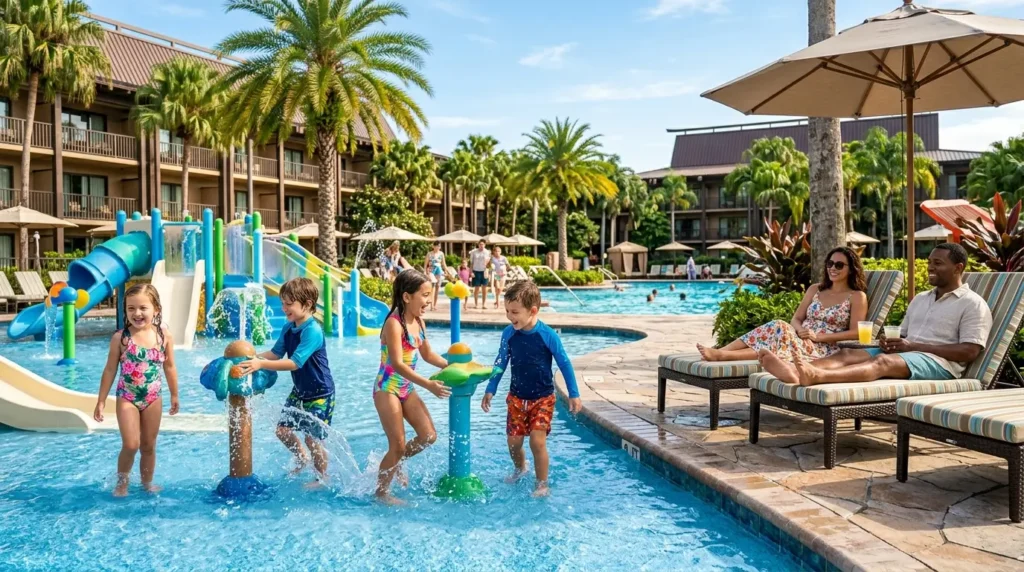 Children play joyfully at a resort pool with water slides. Nearby, a couple relaxes on loungers under an umbrella, surrounded by lush palm trees.