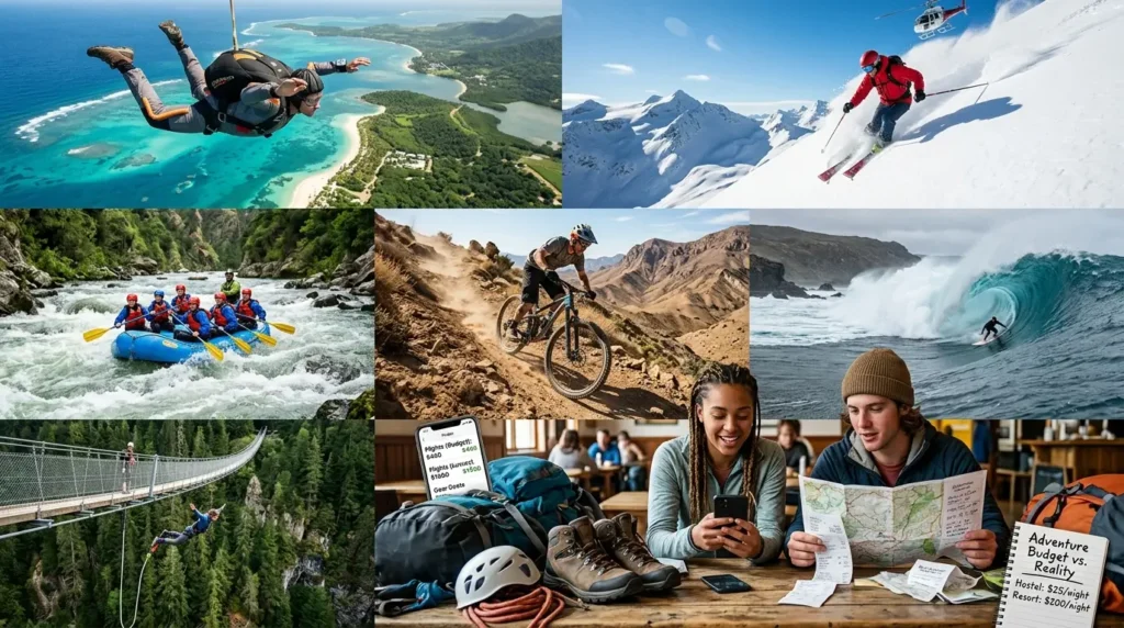 A collage of adventure activities: skydiving over turquoise waters, skiing down snowy mountains, white-water rafting, mountain biking, surfing large waves, and ziplining. Two people sit at a table with gear, maps, and a note about travel costs, creating a sense of excitement and exploration.