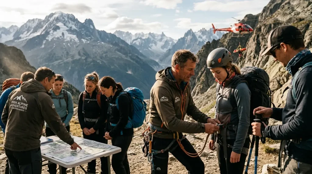 A group of climbers, assisted by guides, prepare for a mountain expedition. A helicopter hovers nearby, with snowy peaks in the background.