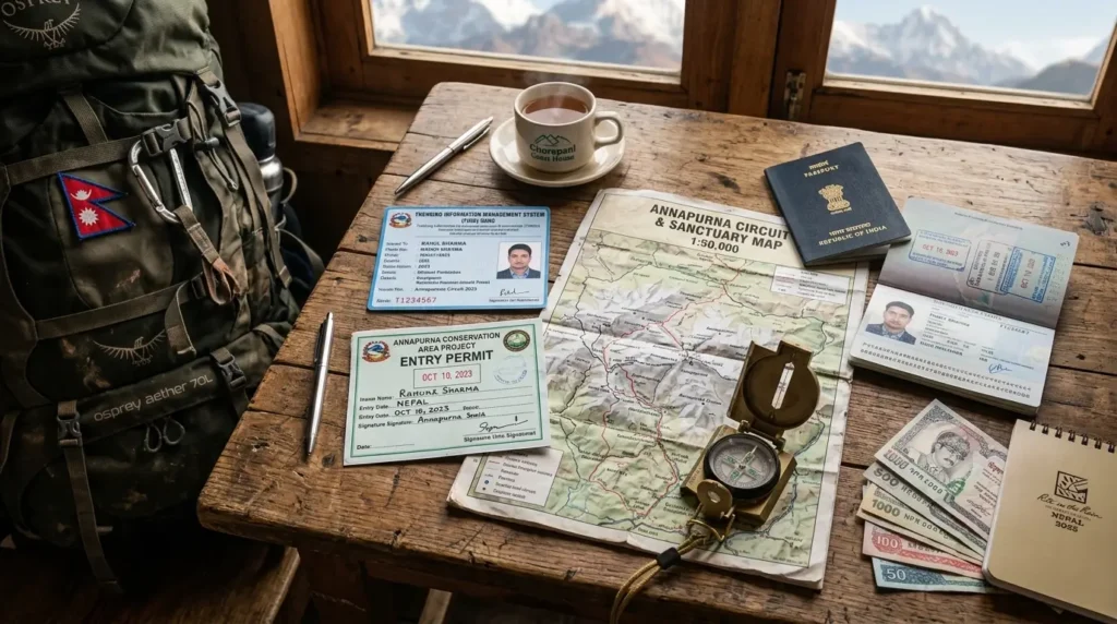 A rustic wooden table holds a trekking setup: a map, compass, backpack with a Nepal flag, permits, passport, tea, and currency, suggesting a Nepal adventure.