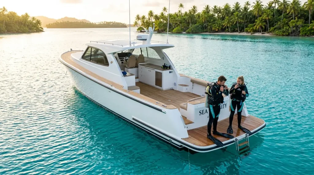 A sleek white boat floats on turquoise waters near a tropical island. Two divers, wearing black wetsuits and gear, stand on the deck, preparing to dive.